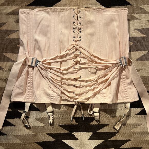 Vintage 1920's Camp Fan Lace Corset Peach Pink Antique Girdle Canvas Rare - Picture 2 of 16